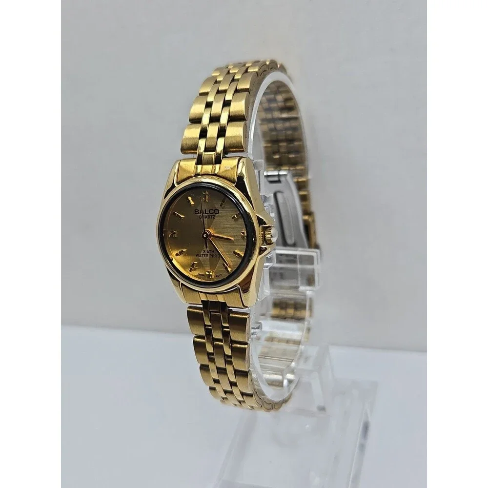 Womens Salco Gold Tone Quartz Bracelet Dress Watch Dainty Petite New Battery